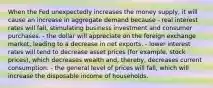 When the Fed unexpectedly increases the money supply, it will cause an increase in aggregate demand because - real interest rates will fall, stimulating business investment and consumer purchases. - the dollar will appreciate on the foreign exchange market, leading to a decrease in net exports. - lower interest rates will tend to decrease asset prices (for example, stock prices), which decreases wealth and, thereby, decreases current consumption. - the general level of prices will fall, which will increase the disposable income of households.