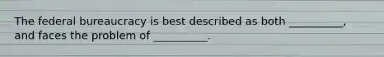 The federal bureaucracy is best described as both __________, and faces the problem of __________.