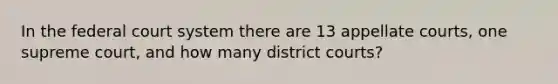 In the federal court system there are 13 appellate courts, one supreme court, and how many district courts?