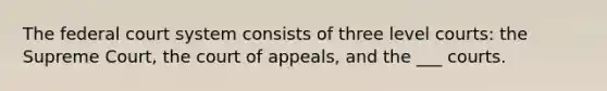 The federal court system consists of three level courts: the Supreme Court, the court of appeals, and the ___ courts.