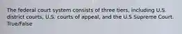 The federal court system consists of three tiers, including U.S. district courts, U.S. courts of appeal, and the U.S Supreme Court. True/False