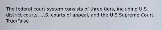 <a href='https://www.questionai.com/knowledge/kpreRDKlD3-the-federal-court-system' class='anchor-knowledge'>the federal court system</a> consists of three tiers, including U.S. district courts, U.S. courts of appeal, and the U.S Supreme Court. True/False