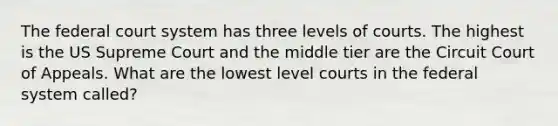 The federal court system has three levels of courts. The highest is the US Supreme Court and the middle tier are the Circuit Court of Appeals. What are the lowest level courts in the federal system called?