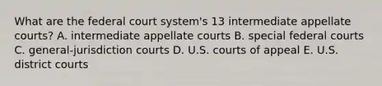 What are the federal court system's 13 intermediate appellate courts? A. intermediate appellate courts B. special federal courts C. general-jurisdiction courts D. U.S. courts of appeal E. U.S. district courts