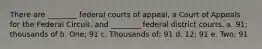 There are ________ federal courts of appeal, a Court of Appeals for the Federal Circuit, and ________ federal district courts. a. 91; thousands of b. One; 91 c. Thousands of; 91 d. 12; 91 e. Two; 91