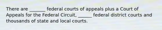 There are _______ federal courts of appeals plus a Court of Appeals for the Federal Circuit, ______ federal district courts and thousands of state and local courts.