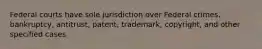 Federal courts have sole jurisdiction over Federal crimes, bankruptcy, antitrust, patent, trademark, copyright, and other specified cases