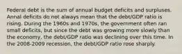 Federal debt is the sum of annual budget deficits and surpluses. Annal deficits do not always mean that the debt/GDP ratio is rising. During the 1960s and 1970s, the government often ran small deficits, but since the debt was growing more slowly than the economy, the debt/GDP ratio was declining over this time. In the 2008-2009 recession, the debt/GDP ratio rose sharply.