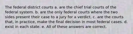 The federal district courts a. are the chief trial courts of the federal system. b. are the only federal courts where the two sides present their case to a jury for a verdict. c. are the courts that, in practice, make the final decision in most federal cases. d. exist in each state. e. All of these answers are correct.