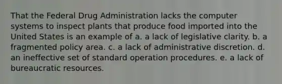 That the Federal Drug Administration lacks the computer systems to inspect plants that produce food imported into the United States is an example of a. a lack of legislative clarity. b. a fragmented policy area. c. a lack of administrative discretion. d. an ineffective set of standard operation procedures. e. a lack of bureaucratic resources.