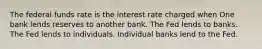 The federal funds rate is the interest rate charged when One bank lends reserves to another bank. The Fed lends to banks. The Fed lends to individuals. Individual banks lend to the Fed.