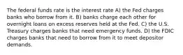 The federal funds rate is the interest rate A) the Fed charges banks who borrow from it. B) banks charge each other for overnight loans on excess reserves held at the Fed. C) the U.S. Treasury charges banks that need emergency funds. D) the FDIC charges banks that need to borrow from it to meet depositor demands.