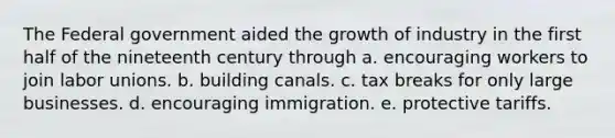 The Federal government aided the growth of industry in the first half of the nineteenth century through a. encouraging workers to join labor unions. b. building canals. c. tax breaks for only large businesses. d. encouraging immigration. e. protective tariffs.