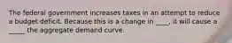 The federal government increases taxes in an attempt to reduce a budget deficit. Because this is a change in ____​, it will cause a _____ the aggregate demand curve.