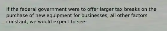 If the federal government were to offer larger tax breaks on the purchase of new equipment for businesses, all other factors constant, we would expect to see: