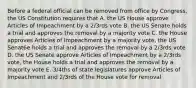 Before a federal official can be removed from office by Congress, the US Constitution requires that A. the US House approve Articles of Impeachment by a 2/3rds vote B. the US Senate holds a trial and approves the removal by a majority vote C. the House approves Articles of Impeachment by a majority vote, the US Senat6e holds a trial and approves the removal by a 2/3rds vote D. the US Senate approve Articles of Impeachment by a 2/3rds vote, the House holds a trial and approves the removal by a majority vote E. 3/4ths of state legislatures approve Articles of Impeachment and 2/3rds of the House vote for removal