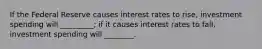 If the Federal Reserve causes interest rates to rise, investment spending will _________; if it causes interest rates to fall, investment spending will ________.