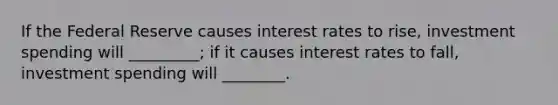 If the Federal Reserve causes interest rates to rise, investment spending will _________; if it causes interest rates to fall, investment spending will ________.