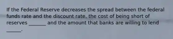 If the Federal Reserve decreases the spread between the federal funds rate and the discount rate, the cost of being short of reserves _______ and the amount that banks are willing to lend ______.