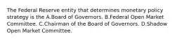 The Federal Reserve entity that determines monetary policy strategy is the A.Board of Governors. B.Federal Open Market Committee. C.Chairman of the Board of Governors. D.Shadow Open Market Committee.