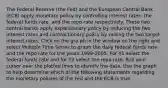 The Federal Reserve​ (the Fed) and the European Central Bank​ (ECB) apply monetary policy by controlling interest​ rates: the federal funds​ rate, and the repo rate respectively. These two central banks apply expansionary policy by reducing the two interest rates and contractionary policy by raising the two target interest rates. Click on the gra ph in the window on the right and select Multiple Time Series to graph the daily federal funds rate and the repo rate for the years​ 1999-2005. For Y1 select the federal funds rate and for Y2 select the repo rate. Roll your cursor over the plotted lines to identify the data. Use the graph to help determine which of the following statements regarding the monetary policies of the Fed and the ECB is true.