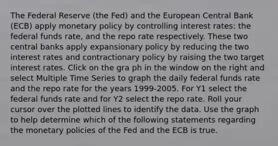 The Federal Reserve​ (the Fed) and the European Central Bank​ (ECB) apply <a href='https://www.questionai.com/knowledge/kEE0G7Llsx-monetary-policy' class='anchor-knowledge'>monetary policy</a> by controlling interest​ rates: the federal funds​ rate, and the repo rate respectively. These two central banks apply expansionary policy by reducing the two interest rates and contractionary policy by raising the two target interest rates. Click on the gra ph in the window on the right and select Multiple Time Series to graph the daily federal funds rate and the repo rate for the years​ 1999-2005. For Y1 select the federal funds rate and for Y2 select the repo rate. Roll your cursor over the plotted lines to identify the data. Use the graph to help determine which of the following statements regarding the monetary policies of the Fed and the ECB is true.