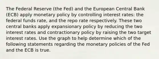 The Federal Reserve​ (the Fed) and the European Central Bank​ (ECB) apply <a href='https://www.questionai.com/knowledge/kEE0G7Llsx-monetary-policy' class='anchor-knowledge'>monetary policy</a> by controlling interest​ rates: the federal funds​ rate, and the repo rate respectively. These two central banks apply expansionary policy by reducing the two interest rates and contractionary policy by raising the two target interest rates. Use the graph to help determine which of the following statements regarding the monetary policies of the Fed and the ECB is true.