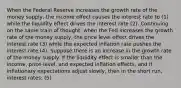 When the Federal Reserve increases the growth rate of the money​ supply, the income effect causes the interest rate to (1) while the liquidity effect drives the interest rate (2). Continuing on the same train of​ thought, when the Fed increases the growth rate of the money​ supply, the price level effect drives the interest rate (3) while the expected inflation rate pushes the interest rate (4). Suppose there is an increase in the growth rate of the money supply. If the liquidity effect is smaller than the​ income, price-level, and expected inflation​ effects, and if inflationary expectations adjust​ slowly, then in the short​ run, interest rates: (5)