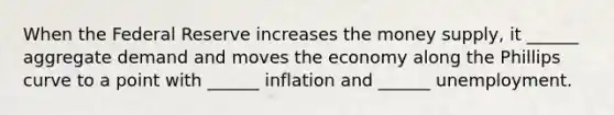 When the Federal Reserve increases the money supply, it ______ aggregate demand and moves the economy along the Phillips curve to a point with ______ inflation and ______ unemployment.