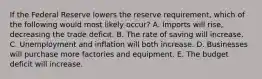 If the Federal Reserve lowers the reserve requirement, which of the following would most likely occur? A. Imports will rise, decreasing the trade deficit. B. The rate of saving will increase. C. Unemployment and inflation will both increase. D. Businesses will purchase more factories and equipment. E. The budget deficit will increase.