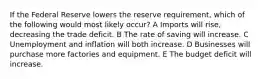 If the Federal Reserve lowers the reserve requirement, which of the following would most likely occur? A Imports will rise, decreasing the trade deficit. B The rate of saving will increase. C Unemployment and inflation will both increase. D Businesses will purchase more factories and equipment. E The budget deficit will increase.