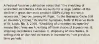 A Federal Reserve publication notes that​ "the shedding of unwanted inventories often accounts for a large portion of the decline in gross domestic product​ (GDP) during economic​ recessions." ​Source: Jeremy M.​ Piger, "Is the Business Cycle Still an Inventory​ Cycle?," Economic Synopses​, Federal Reserve Bank of St.​ Louis, No.​ 2, 2005. ​"Shedding of unwanted​ inventories" means that firms are A. writing off their stocks of inventories. B. shipping inventories overseas. C. disposing of inventories. D. selling their unplanned increases in inventories from previous time periods.