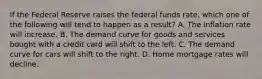 If the Federal Reserve raises the federal funds rate, which one of the following will tend to happen as a result? A. The inflation rate will increase. B. The demand curve for goods and services bought with a credit card will shift to the left. C. The demand curve for cars will shift to the right. D. Home mortgage rates will decline.