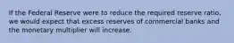 If the Federal Reserve were to reduce the required reserve ratio, we would expect that excess reserves of commercial banks and the monetary multiplier will increase.