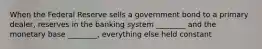 When the Federal Reserve sells a government bond to a primary dealer, reserves in the banking system ________ and the monetary base ________, everything else held constant