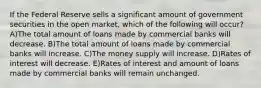 If the Federal Reserve sells a significant amount of government securities in the open market, which of the following will occur? A)The total amount of loans made by commercial banks will decrease. B)The total amount of loans made by commercial banks will increase. C)The money supply will increase. D)Rates of interest will decrease. E)Rates of interest and amount of loans made by commercial banks will remain unchanged.