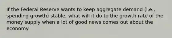 If the Federal Reserve wants to keep aggregate demand (i.e., spending growth) stable, what will it do to the growth rate of the money supply when a lot of good news comes out about the economy