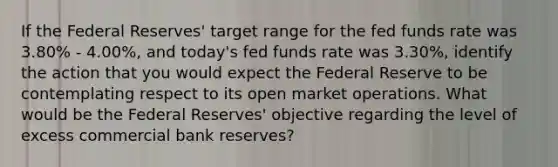 If the Federal Reserves' target range for the fed funds rate was 3.80% - 4.00%, and today's fed funds rate was 3.30%, identify the action that you would expect the Federal Reserve to be contemplating respect to its open market operations. What would be the Federal Reserves' objective regarding the level of excess commercial bank reserves?