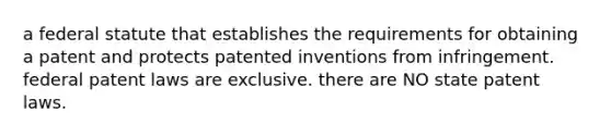 a federal statute that establishes the requirements for obtaining a patent and protects patented inventions from infringement. federal patent laws are exclusive. there are NO state patent laws.