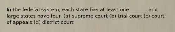 In the federal system, each state has at least one ______, and large states have four. (a) supreme court (b) trial court (c) court of appeals (d) district court