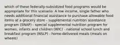 which of these federally-subsidized food programs would be appropriate for this scenario: A low income, single father who needs additional financial assistance to purchase allowable food items at a grocery store - supplemental nutrition assistance program (SNAP) - special supplemental nutrition program for women, infants and children (WIC) - national school lunch and breakfast program (NSLP) - home-delivered meals (meals on wheels)