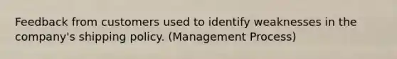 Feedback from customers used to identify weaknesses in the company's shipping policy. (Management Process)