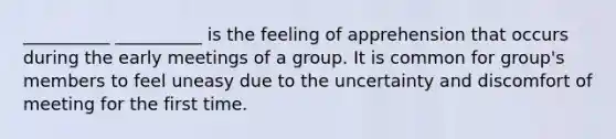 __________ __________ is the feeling of apprehension that occurs during the early meetings of a group. It is common for group's members to feel uneasy due to the uncertainty and discomfort of meeting for the first time.