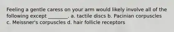 Feeling a gentle caress on your arm would likely involve all of the following except ________. a. tactile discs b. Pacinian corpuscles c. Meissner's corpuscles d. hair follicle receptors