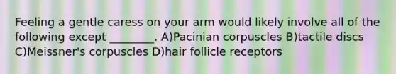 Feeling a gentle caress on your arm would likely involve all of the following except ________. A)Pacinian corpuscles B)tactile discs C)Meissner's corpuscles D)hair follicle receptors