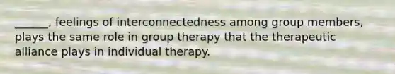 ______, feelings of interconnectedness among group members, plays the same role in group therapy that the therapeutic alliance plays in individual therapy.