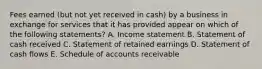 Fees earned (but not yet received in cash) by a business in exchange for services that it has provided appear on which of the following statements? A. Income statement B. Statement of cash received C. Statement of retained earnings D. Statement of cash flows E. Schedule of accounts receivable