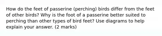 How do the feet of passerine (perching) birds differ from the feet of other birds? Why is the foot of a passerine better suited to perching than other types of bird feet? Use diagrams to help explain your answer. (2 marks)