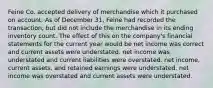 Feine Co. accepted delivery of merchandise which it purchased on account. As of December 31, Feine had recorded the transaction, but did not include the merchandise in its ending inventory count. The effect of this on the company's financial statements for the current year would be net income was correct and current assets were understated. net income was understated and current liabilities were overstated. net income, current assets, and retained earnings were understated. net income was overstated and current assets were understated.