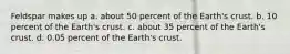 Feldspar makes up a. about 50 percent of the Earth's crust. b. 10 percent of the Earth's crust. c. about 35 percent of the Earth's crust. d. 0.05 percent of the Earth's crust.